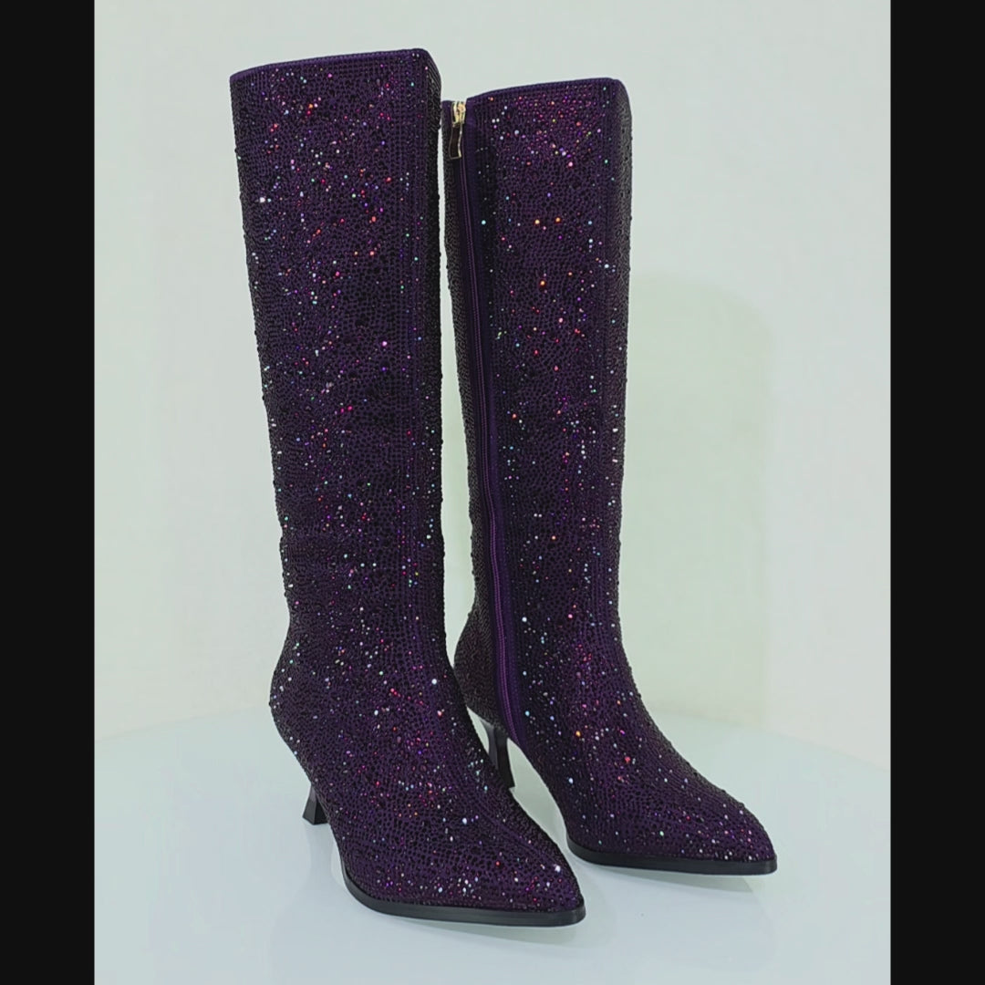 Kitty Sparkling Dark Purple Rhinestone Knee Boots 2.5" Heels Wide Friendly