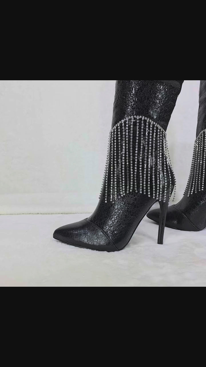 Sway Black Knee High Boots Stiletto Heels Icicle Fringe