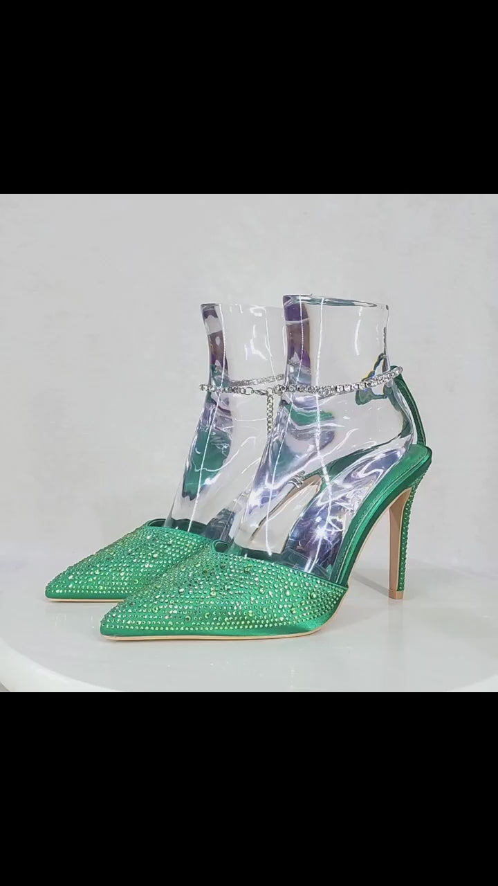 Simply Sexy Slip on Ankle Bracelet Green Rhinestone Pointy Toe High Heels Shoes