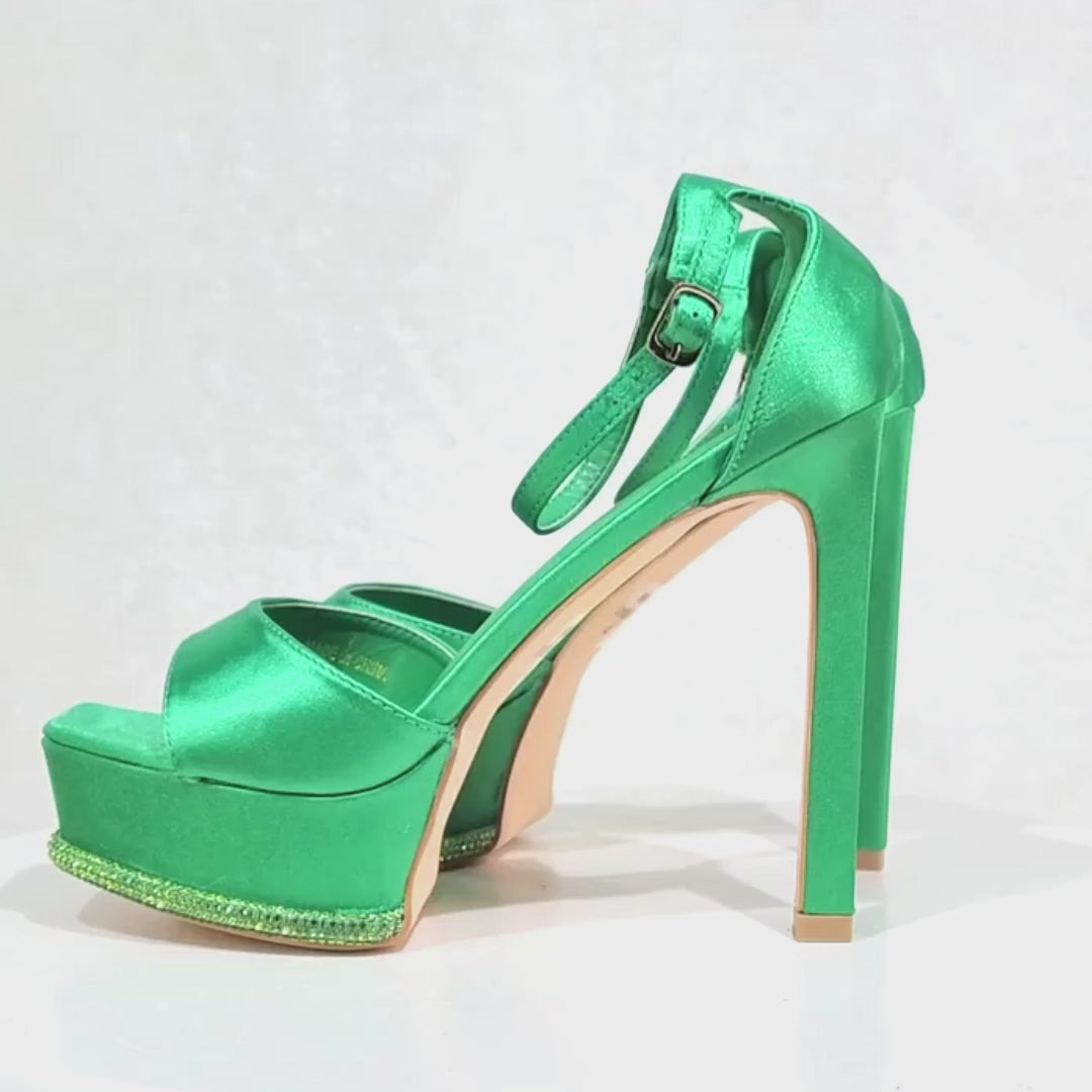 Helen Green Satin Rhinestone Trim Party Evening Platform High Heel Shoes