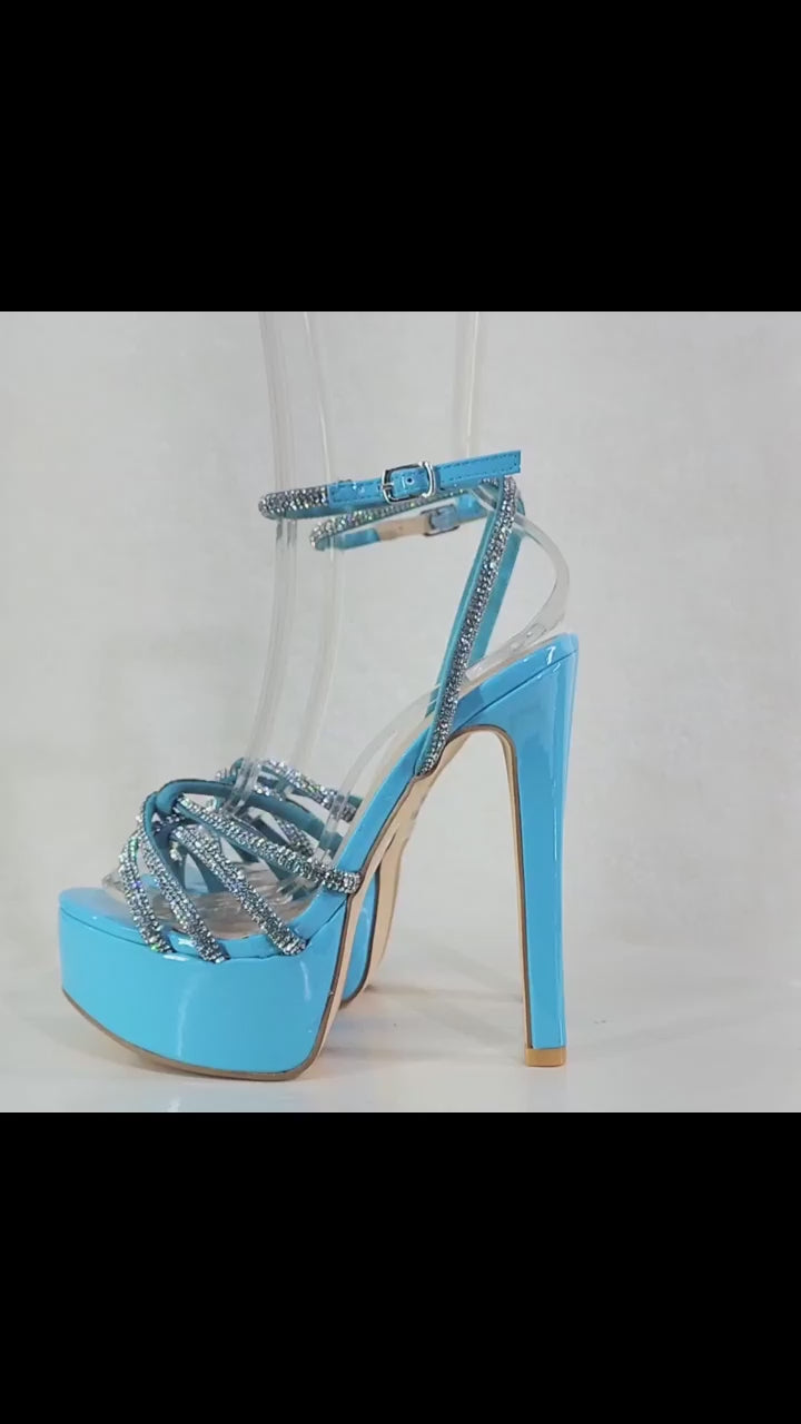 Rihbah Turquoise Blue Platform 6" High Heels Ankle Strap Rhinestone Sandal Shoes