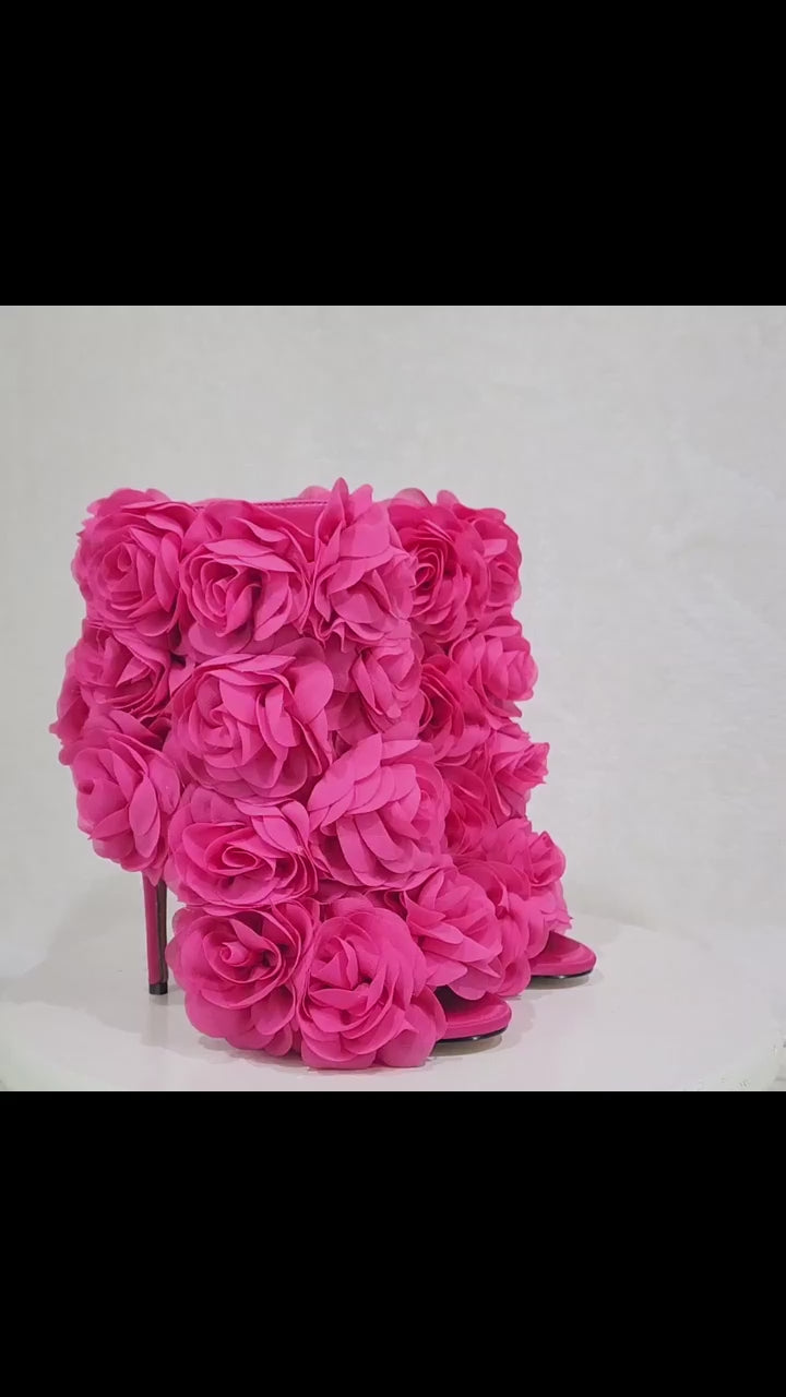 Beauty 3D Flowers Floral 4" High Heel Elegant Evening Party Ankle Boots Fuchsia