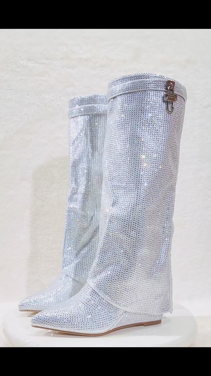 Bling Bling Silver Rhinestone Fold Over Skirted Sharky 3" Wedge Heels