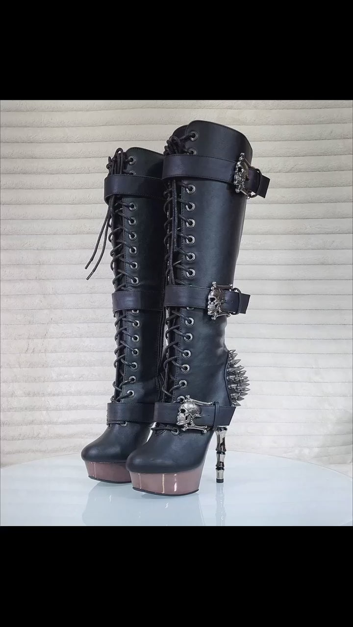DEMONIA Muerto Chrome Bone High Heel Spiked Skull Buckle Lace Up Knee Boots