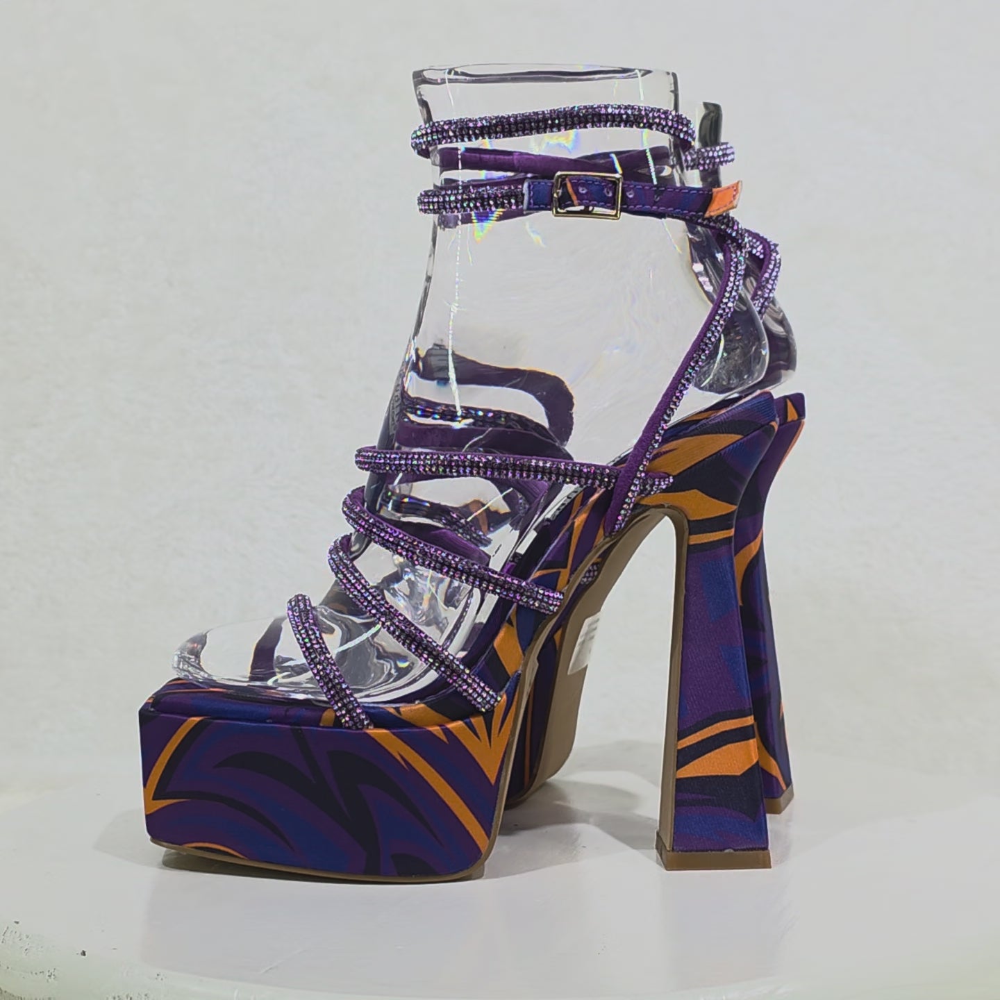 Racer Colorful 6" Chunky Flared Platform Heels Rhinestone Straps New Purple