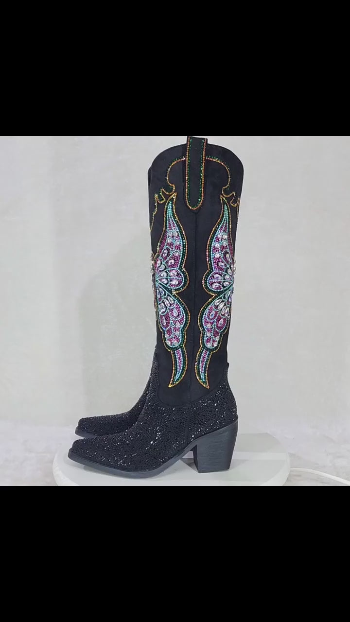 Fantasy Rider Country Western Cowgirl Knee Boots Rhinestones Black Butterfly