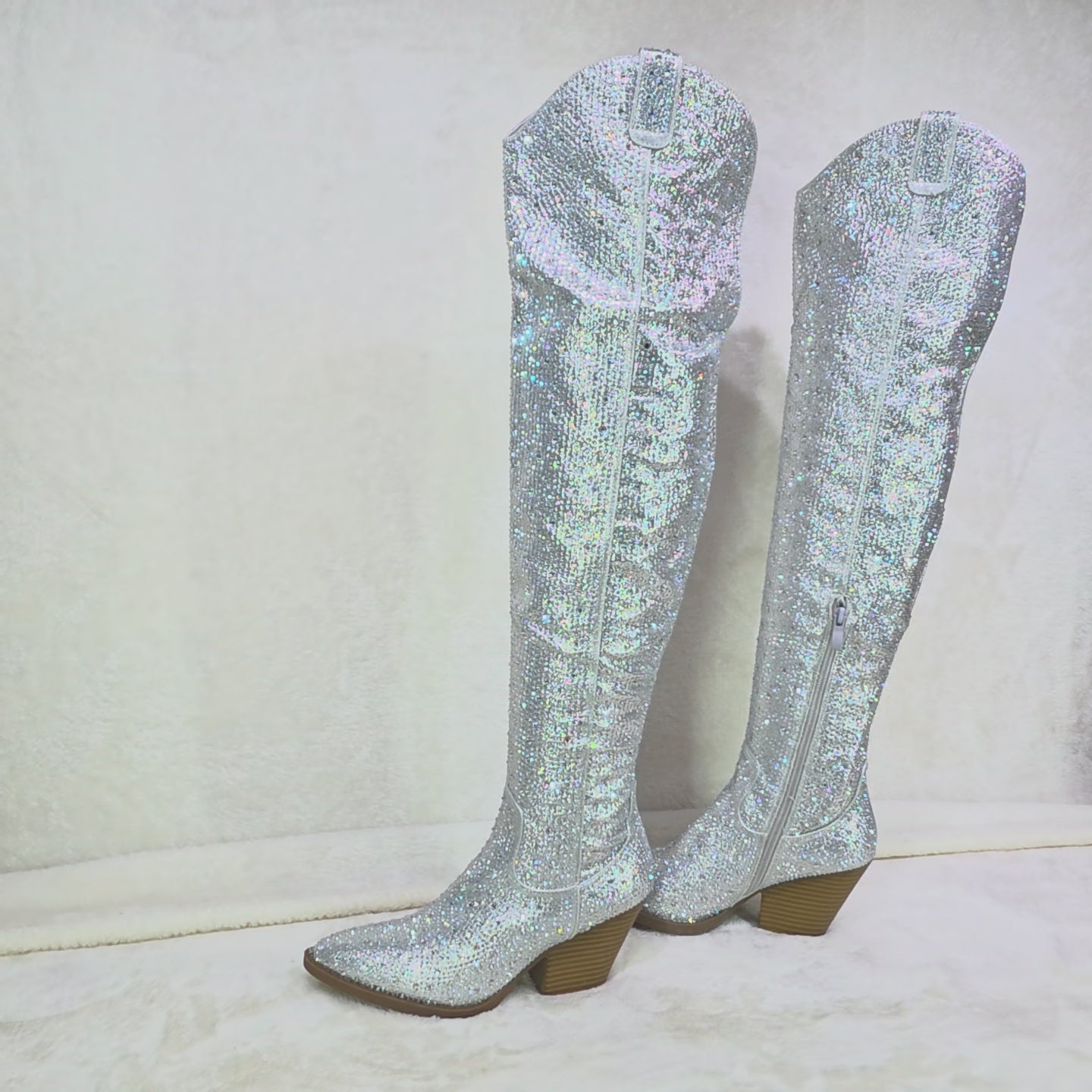 Country Glam Iridescent Silver Rhinestone OTK Thigh High Cowgirl Boots