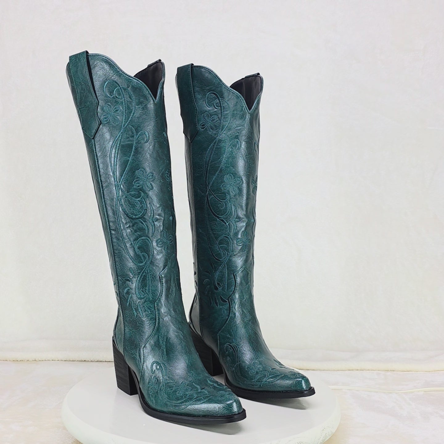 Loretta Embroidery Country Western Cowgirl Knee Boots Teal Green Limited
