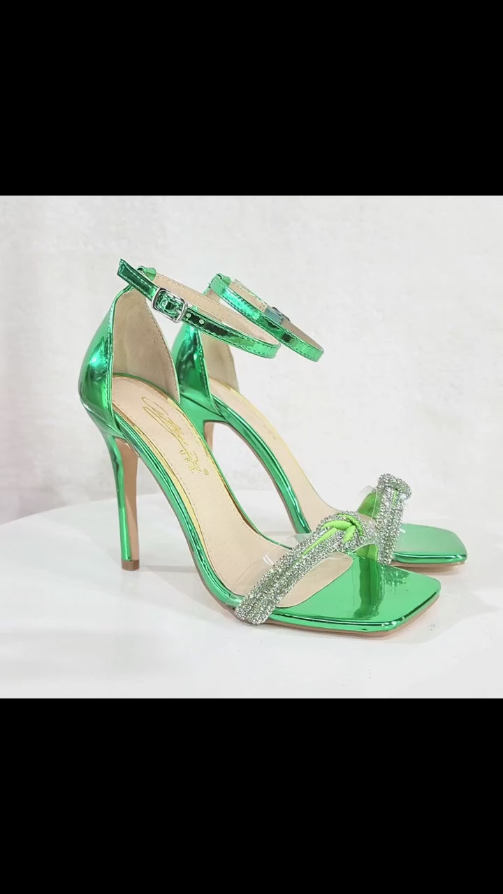 Danni Metallic Green Closed Back High Heel Sandals Rhinestone Toe Strap