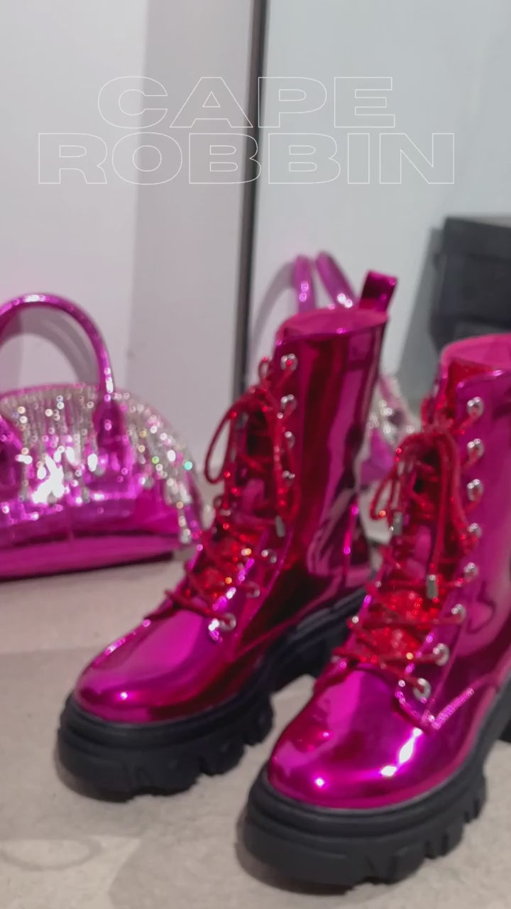 Rowan Metallic Pink Combat Ankle Boots Iridescent Rhinestone Tongue & Rope Laces