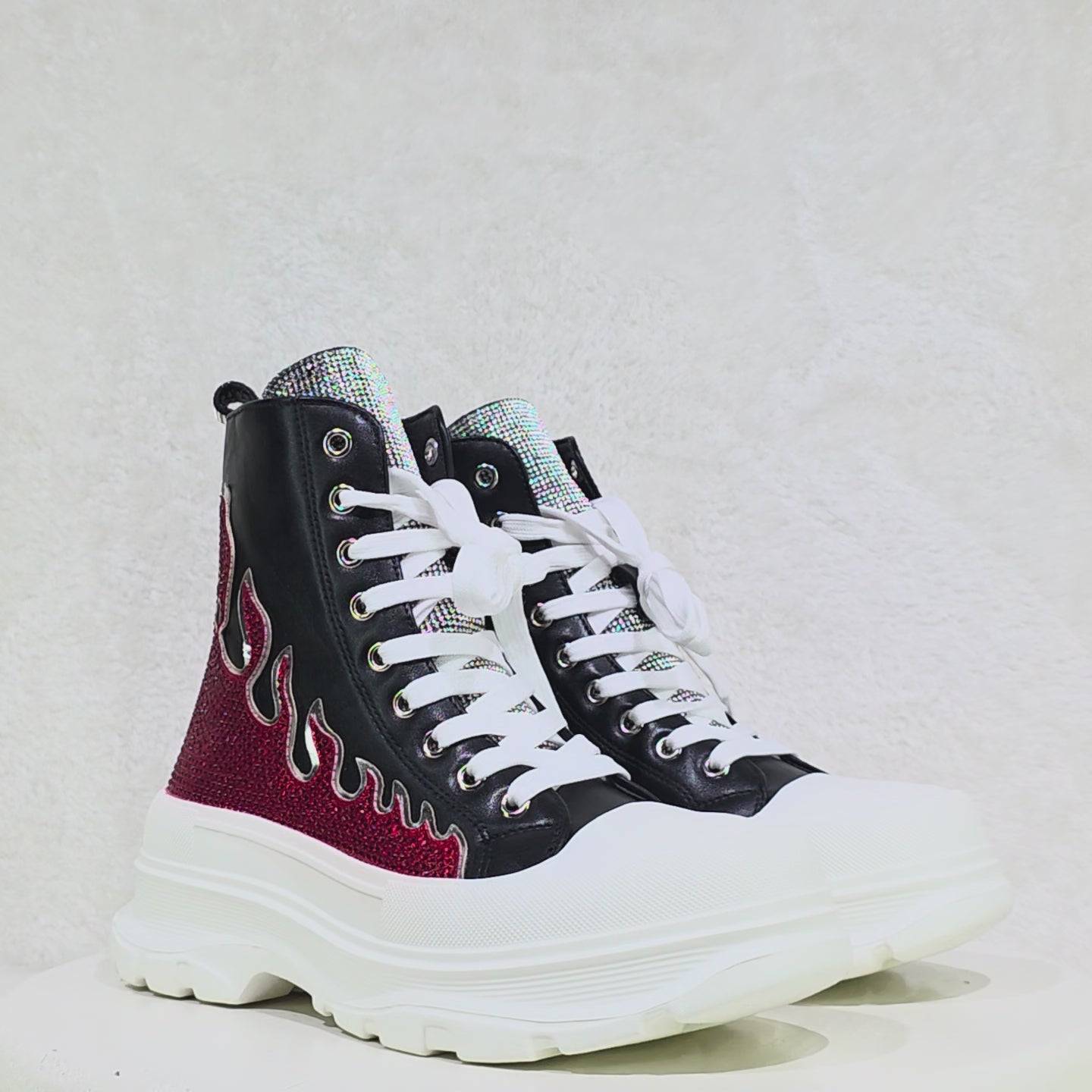 Scorch Combat Sneaker Boots With Rhinestone Flames Details Black