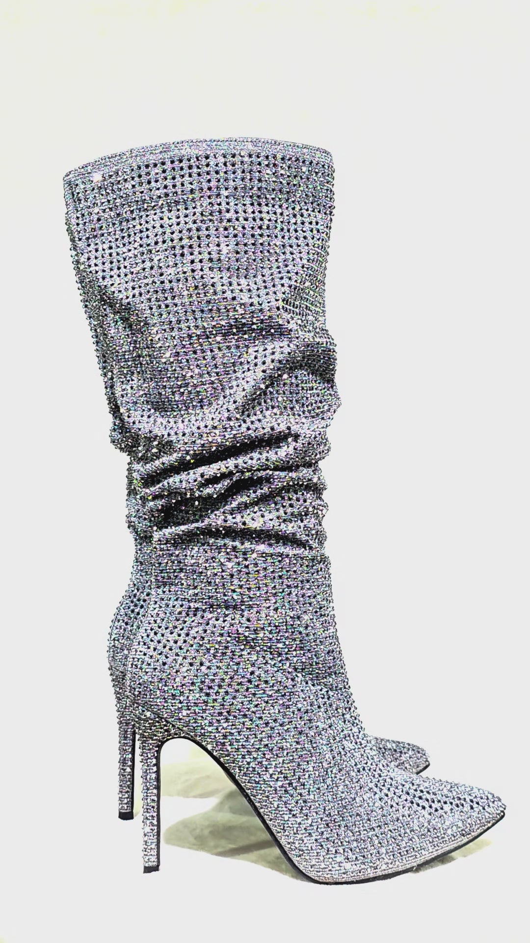 Envy Pewter Gray Rhinestone High Heel Stiletto Slouch Below Knee Boots