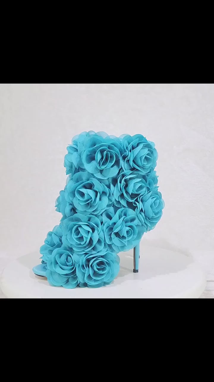 Beauty 3D Flowers Floral  High Heel Elegant Evening Party Ankle Boots Teal Blue