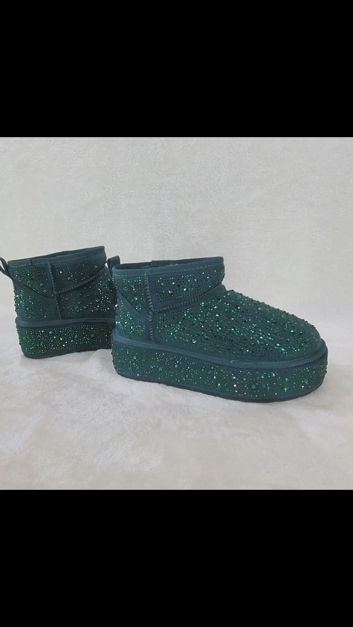 Ego Flashy fx Fur Lined Winter Platform Ankle Boots Booties Green Rhinestones