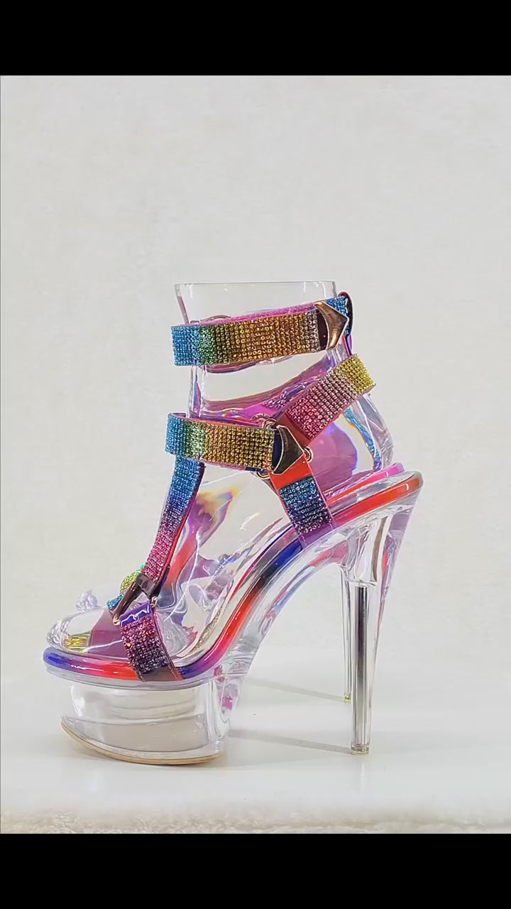 Xapala Rainbow Rhinestone Harness Strap Clear Platform High Heel Shoes