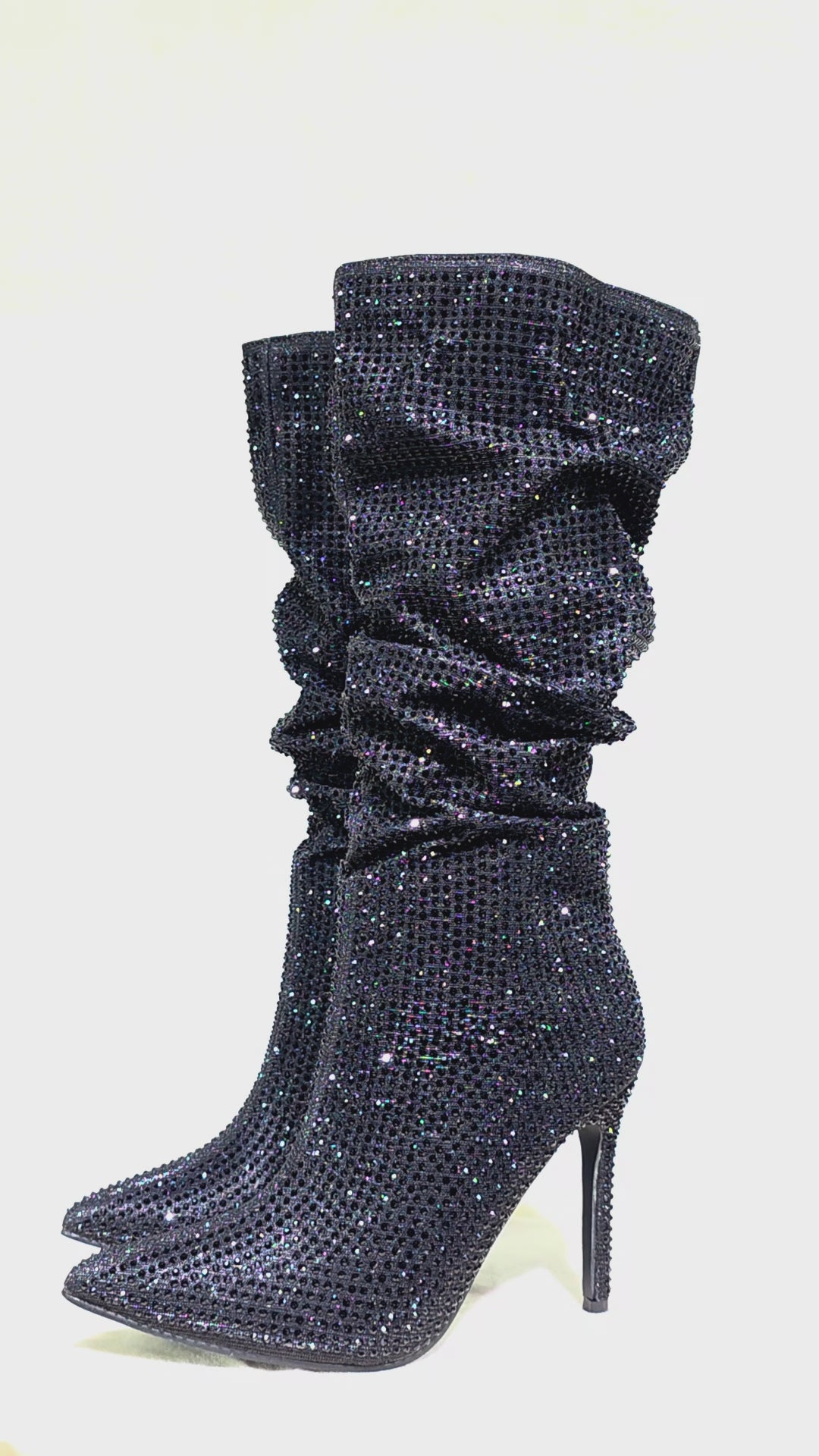 Envy Black Rhinestone High Heel Stiletto Slouch Below Knee Boots