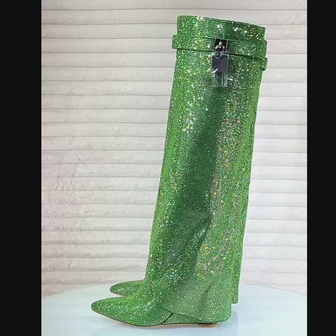 Super Sparkle Sharky Skirted Fold Over Wedge Heel Knee Boots Green
