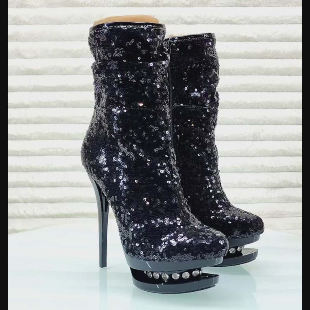 Blondie 1009 Black Sequin Slim Stiletto High Heel Platform Slouch Ankle Boots NY