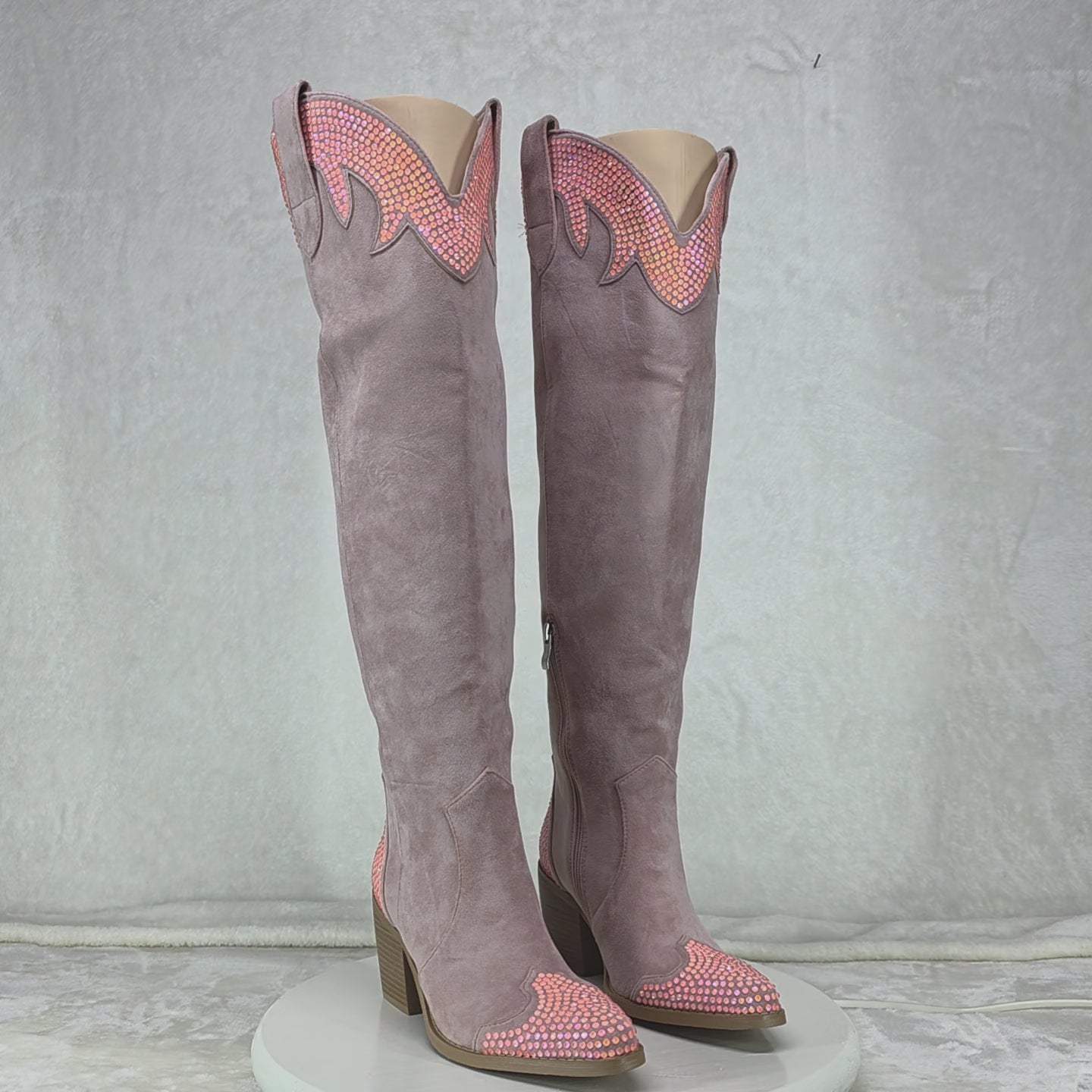Primal Country Western Sexy Dusty Pink OTK Thigh Boots With Rhinestone Trims