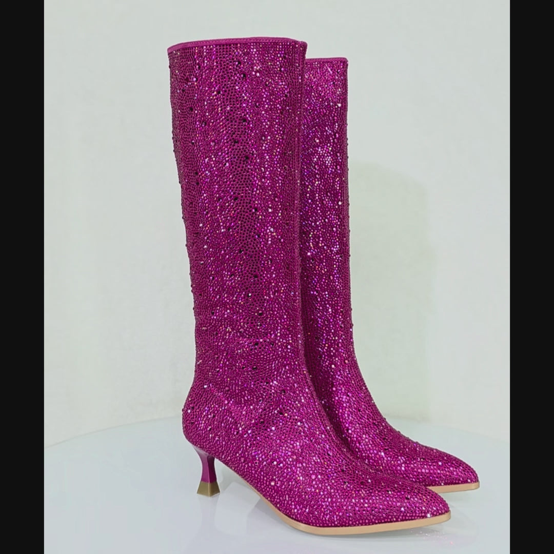 Kitty Sparkling Hot Pink Fuchsia Rhinestone Knee Boots Kitten Heels