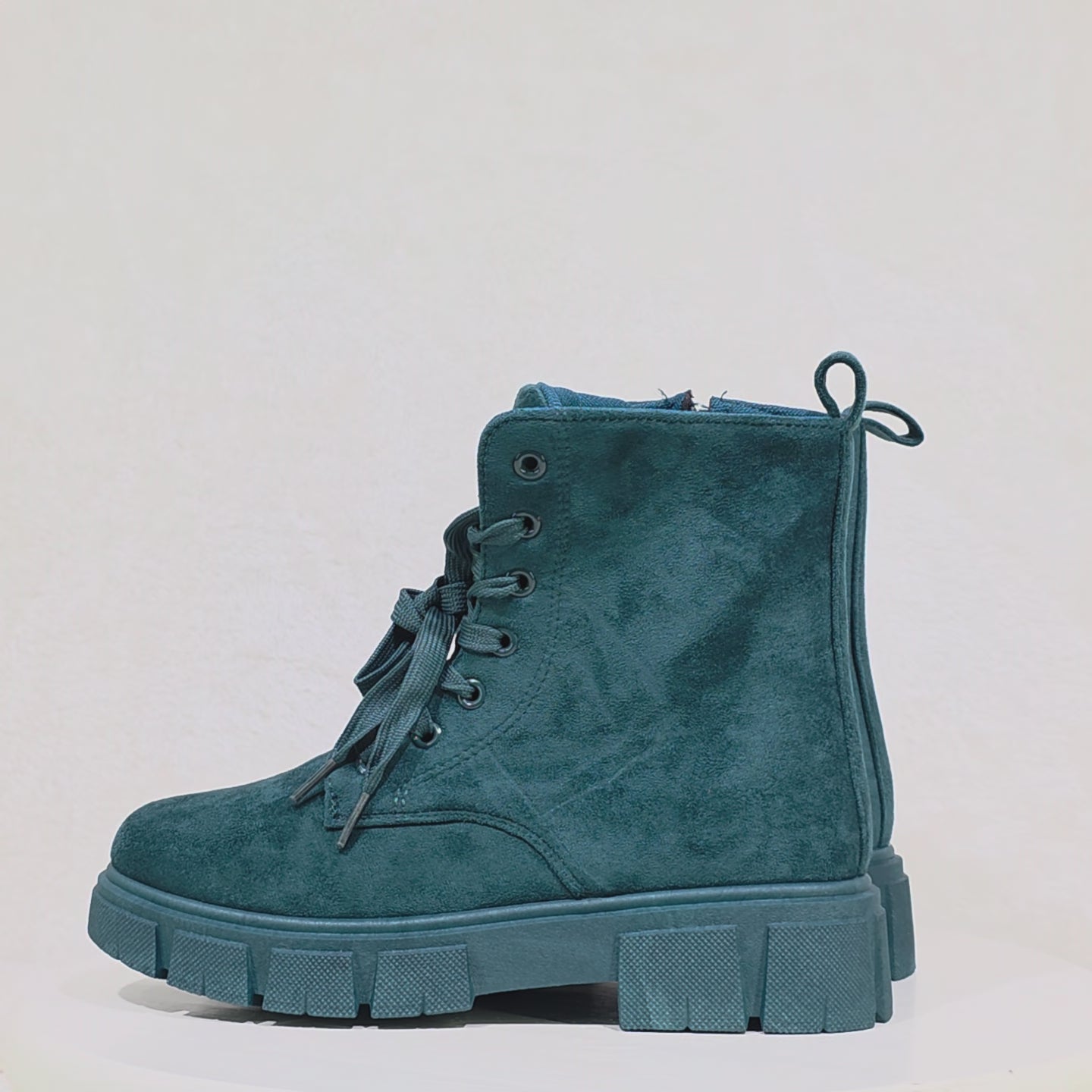 Cozy Teal Faux Suede Combat  Ankle Boots Matching Color Sole New Women's