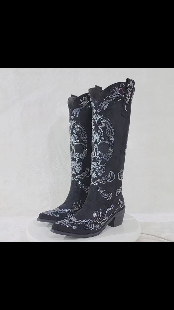 Muerto Country Western Cowgirl Boots Sparkling Iridescent Rhinestones Skull