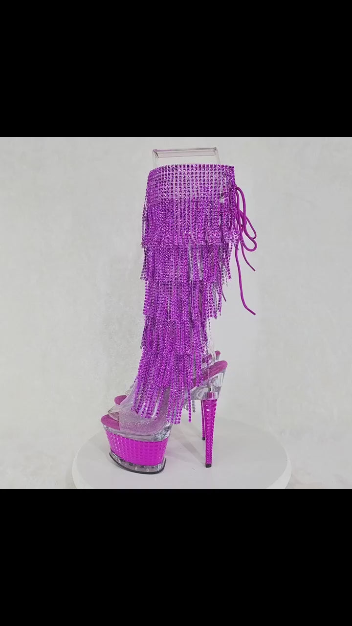 Illusion Fuchsia Pink Textured Platform Fringe High Heel Open Toe Knee Boots