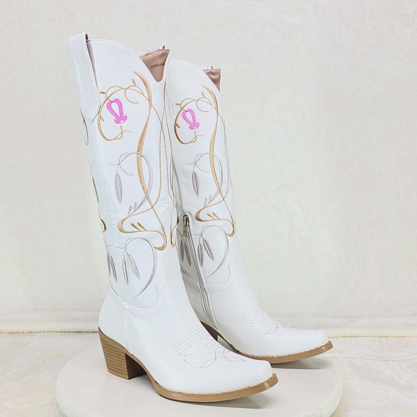 Lily Bell Embroidery Country Western Cowgirl Calf Knee Boots White