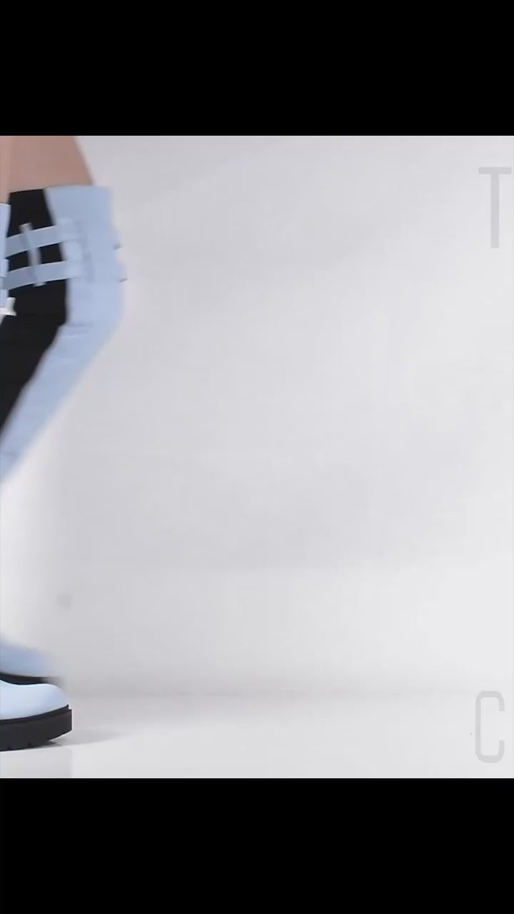 Techno Baby Blue Black Stretch Panel Lug Sole Thigh High Boots
