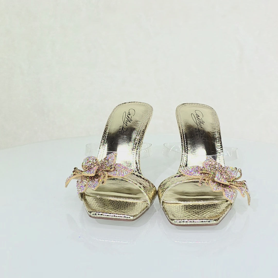 Lily Rhinestone Flower Gold Slip On 3.25" Heel Casual Evening Party Shoes