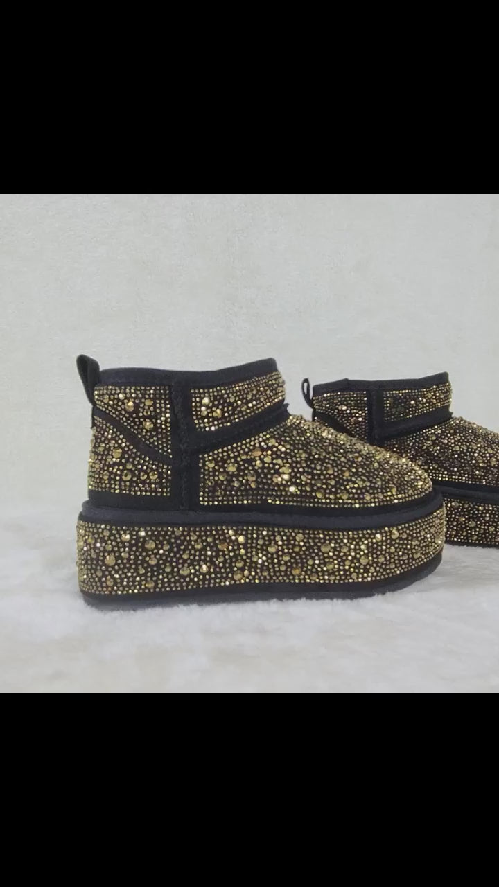 Ego Flashy fx Fur Lined Winter Platform Ankle Boots Black w/ Gold Rhinestones