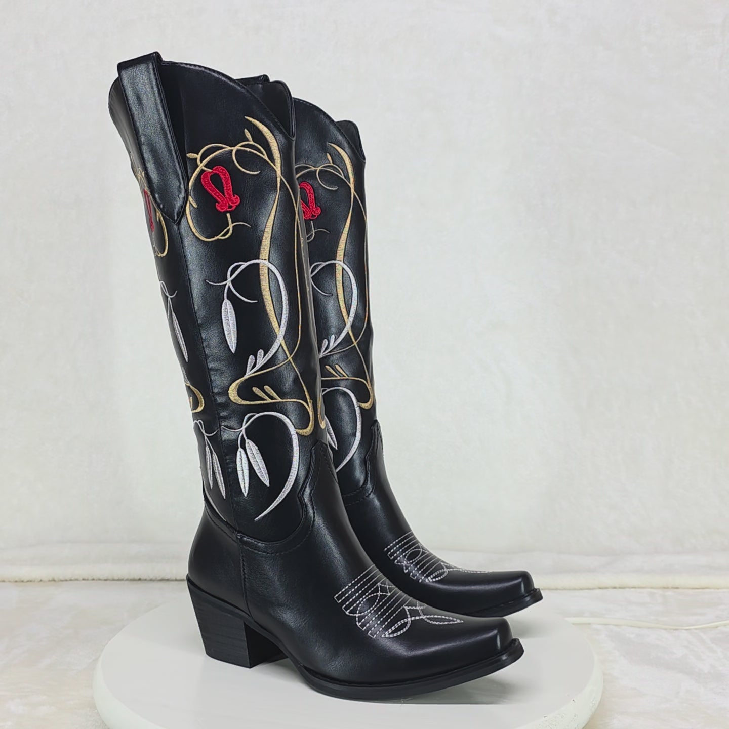 Lily Bell Embroidery Country Western Cowgirl Calf Knee Boots Black