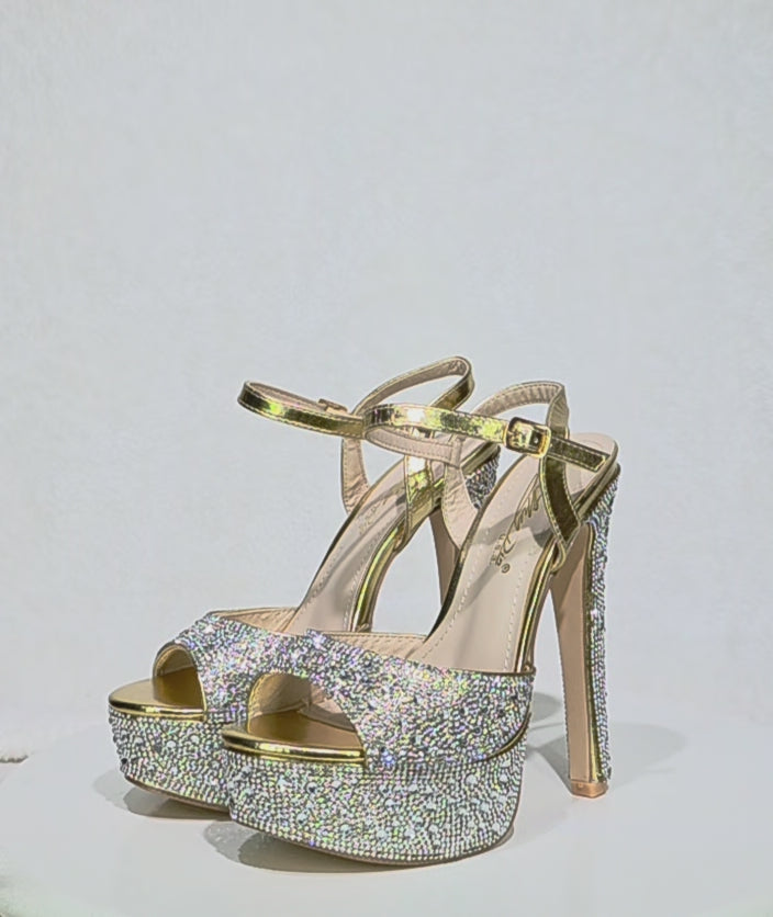 Rihbah Rhinestone Platform 5" Heels Evening Party Shoes Gold