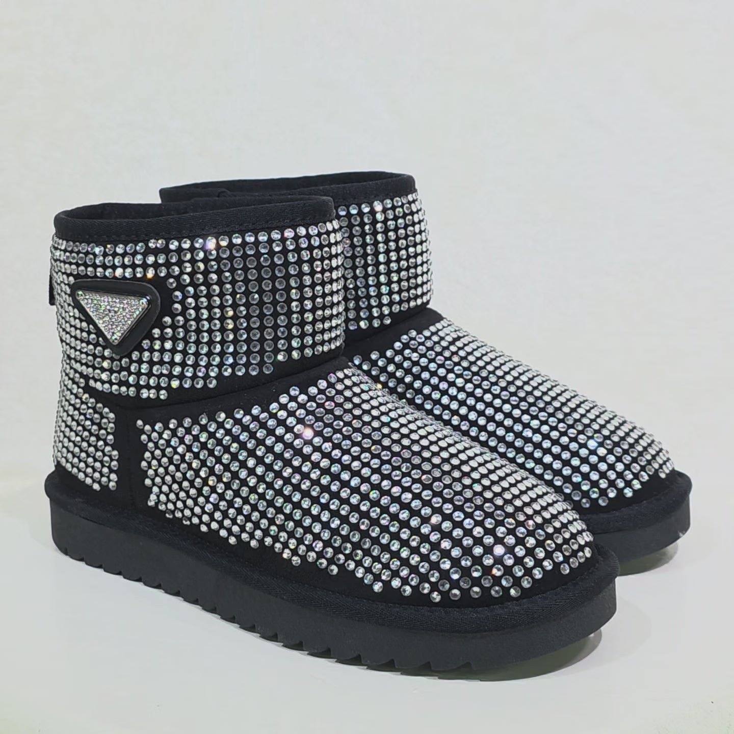 Twinkle Faux Fur Lined Slip On Winter Ankle Boots Black Iridescent Rhinestones