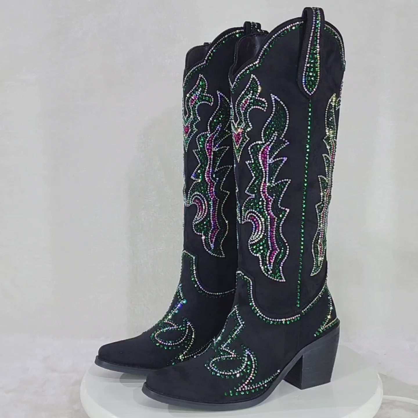 Roswell Country Western Cowgirl Knee Boots Rhinestones Black Green Fuchsia