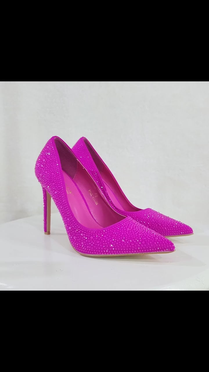 Shock Bright Fuchsia Hot Pink High Heel Stiletto Pumps Rhinestones