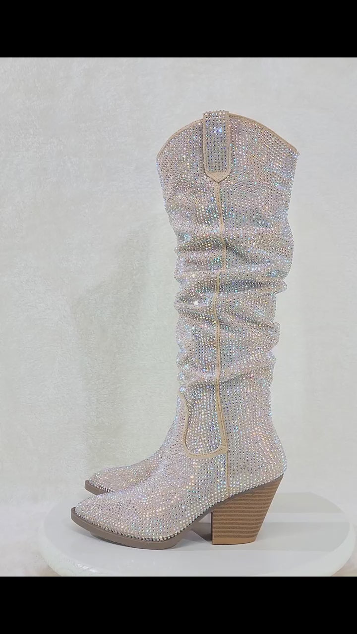 Angel Rider Beige W/ Rhinestones Country Glam Western Cowgirl Slouch Knee Boots