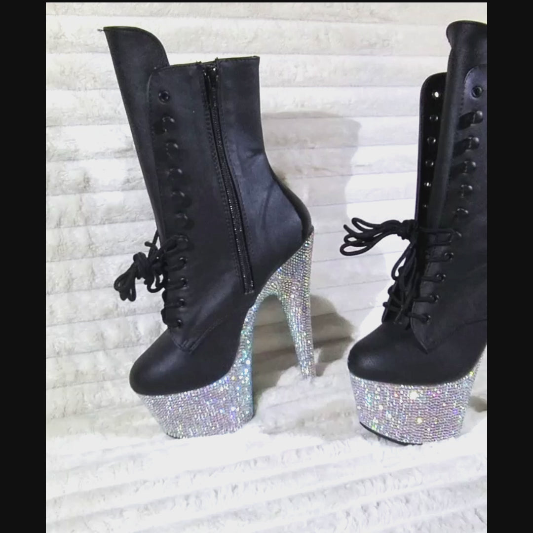 Bejeweled 1020 Rhinestone Platform Lace Up Ankle Boots 7" High Heels