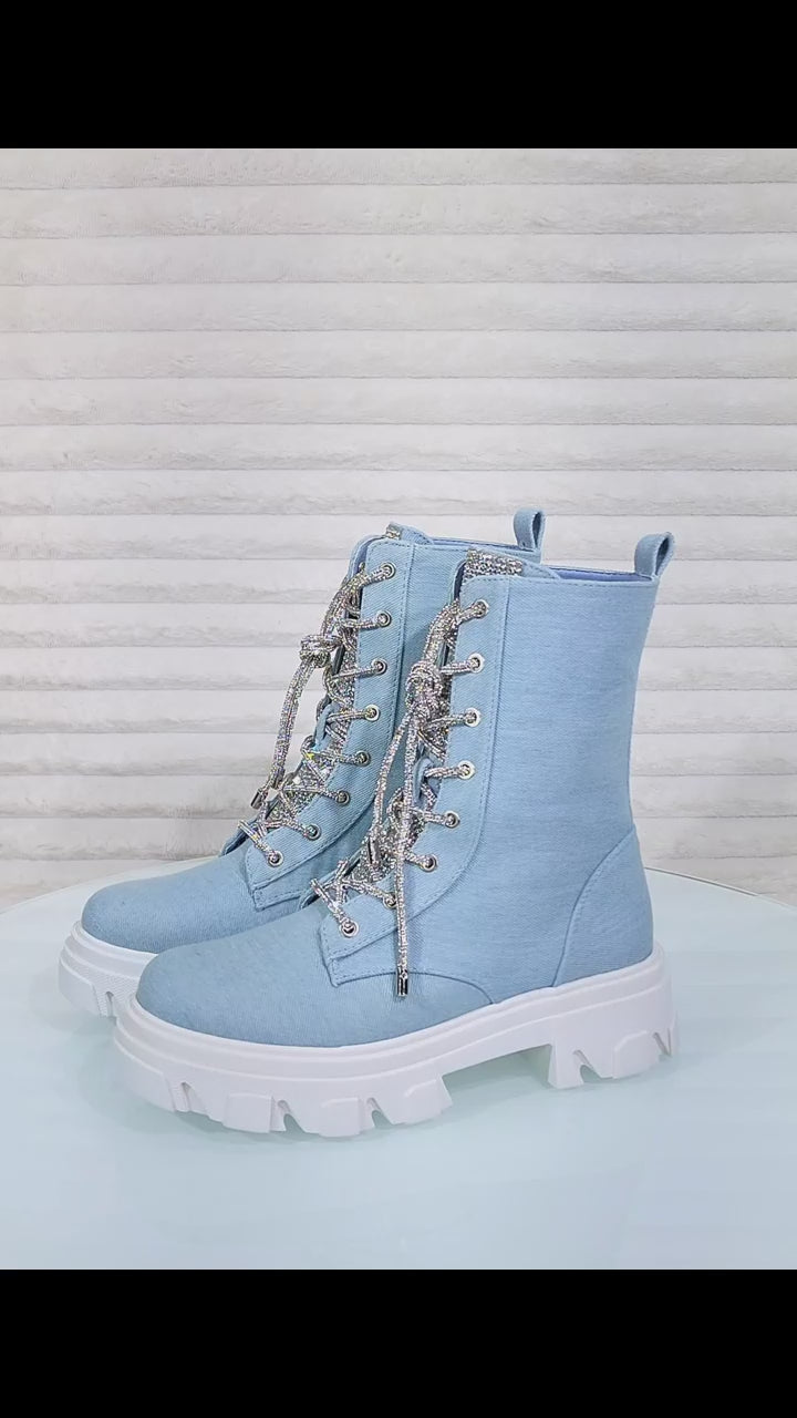 Rowan Denim Combat Ankle Boots Iridescent Rhinestone Tongue and Rope Laces
