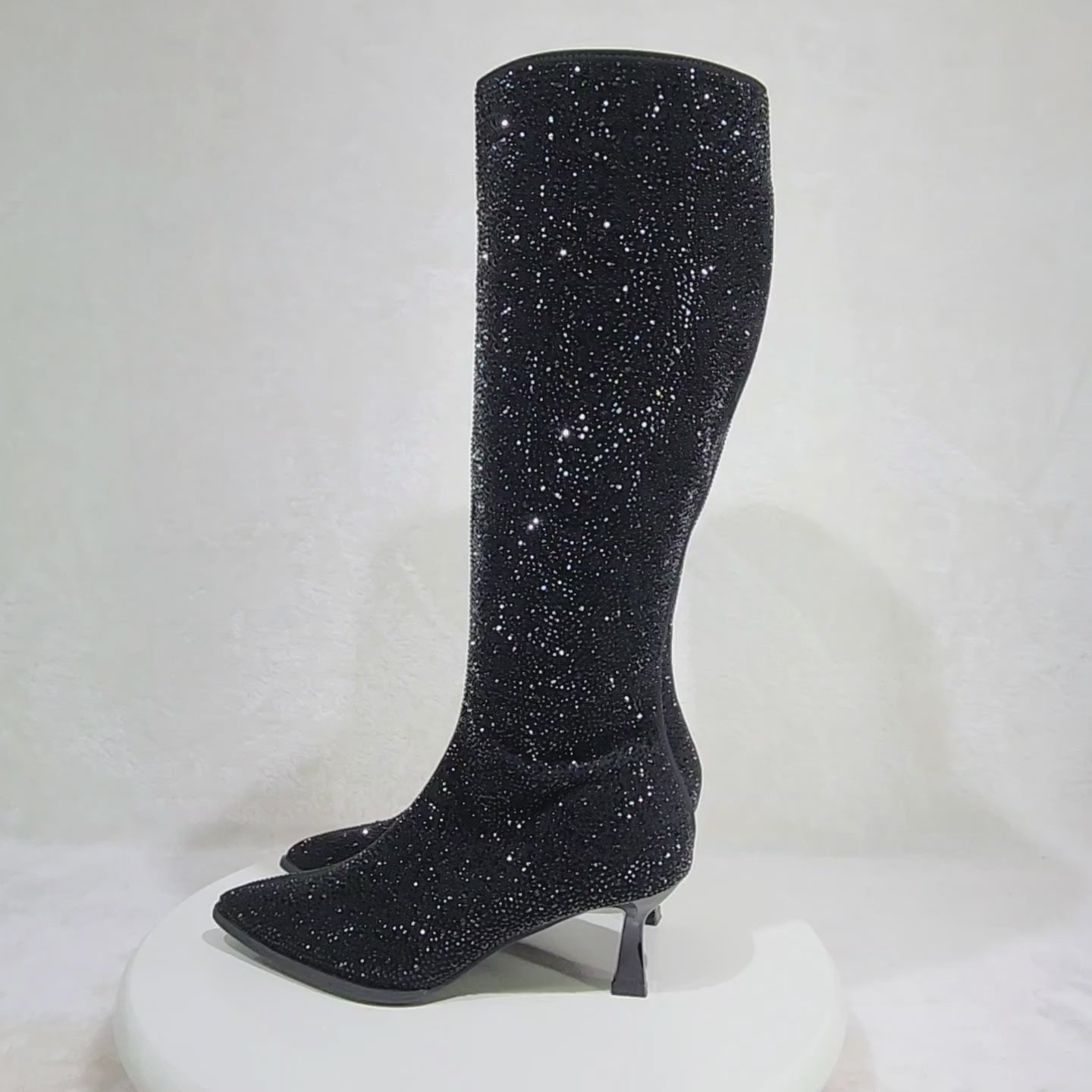 Kitty Sparkling Black Rhinestone Knee Boots 2.5" Kitten Heels Wide Calf Friendly