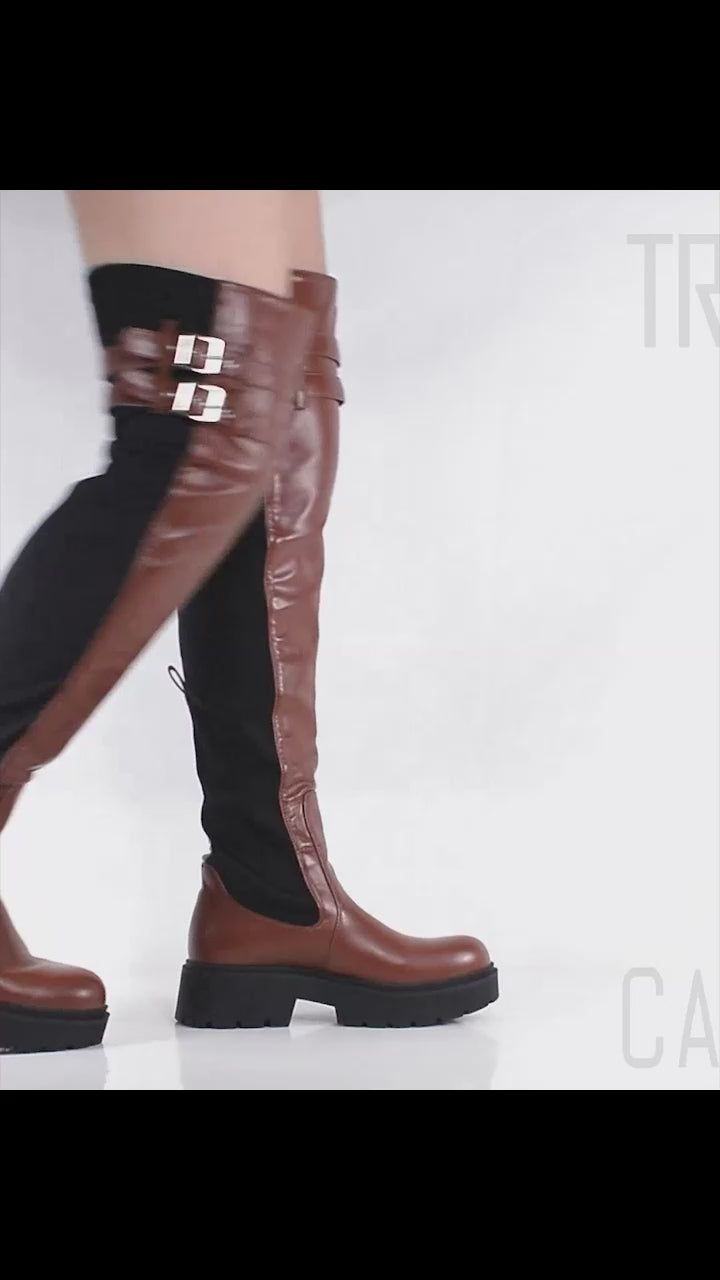 Techno Tan Black Stretch Panel Lug Sole Thigh High Boots Wide Leg Friendly