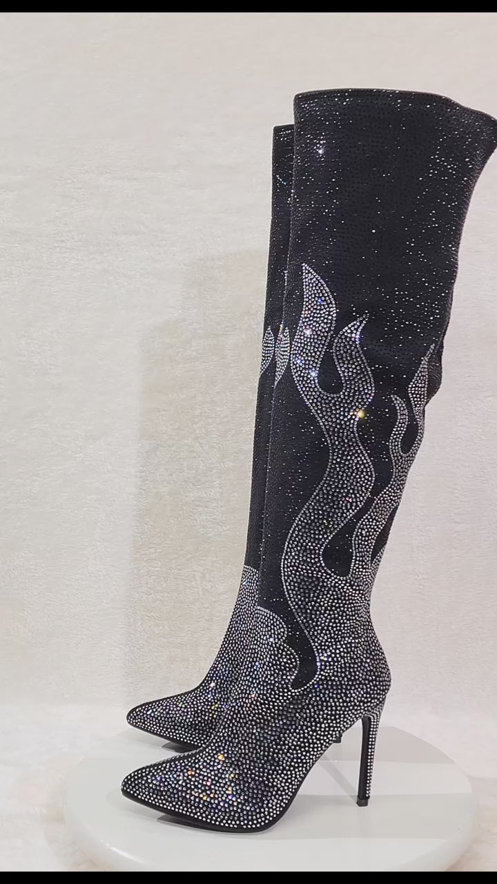 Fiery Desire Black & Silver Rhinestone Flame Detail Sexy OTK Thigh Boots