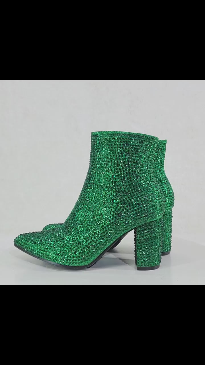 Crystel Emerald Green Rhinestone Block Heel Ankle Boots