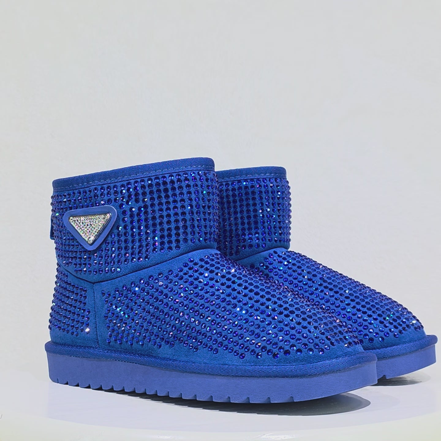 Twinkle Faux Fur Lined Slip On Winter Ankle Boots Bright Blue Rhinestones