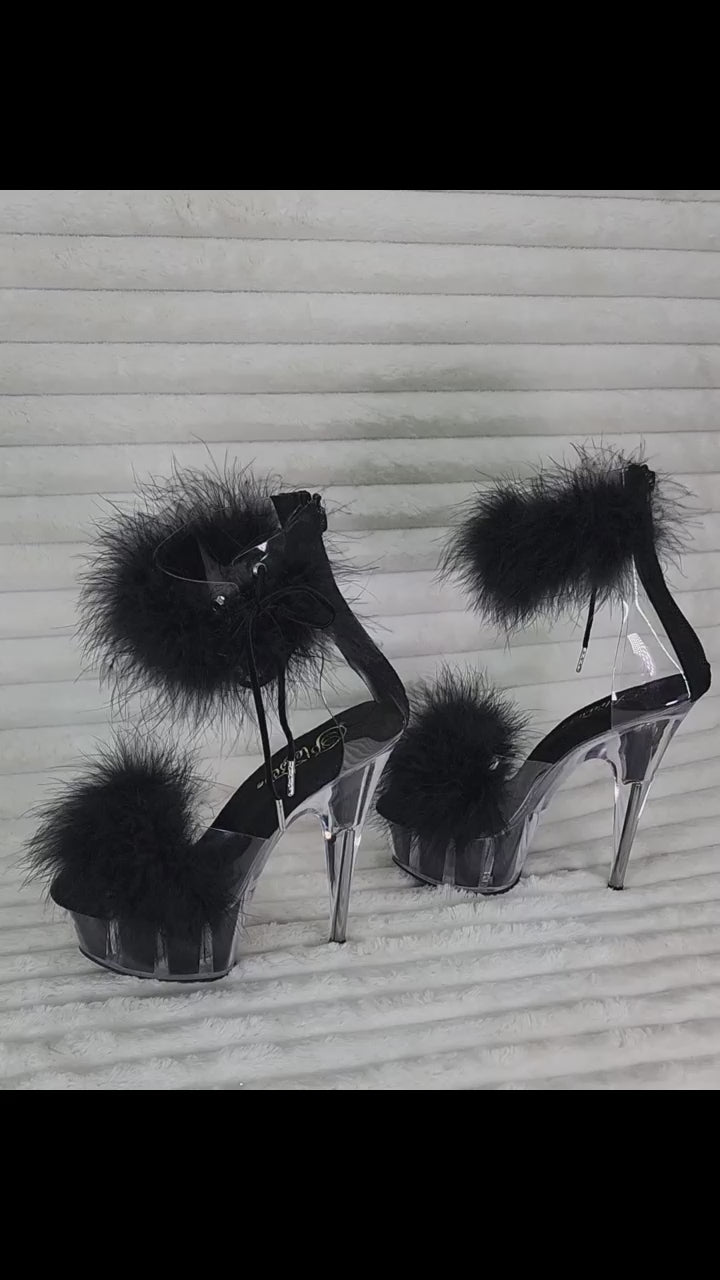 Delight 624F Black Furry Marabou Feather 6" High Heel Platform Shoes NEW