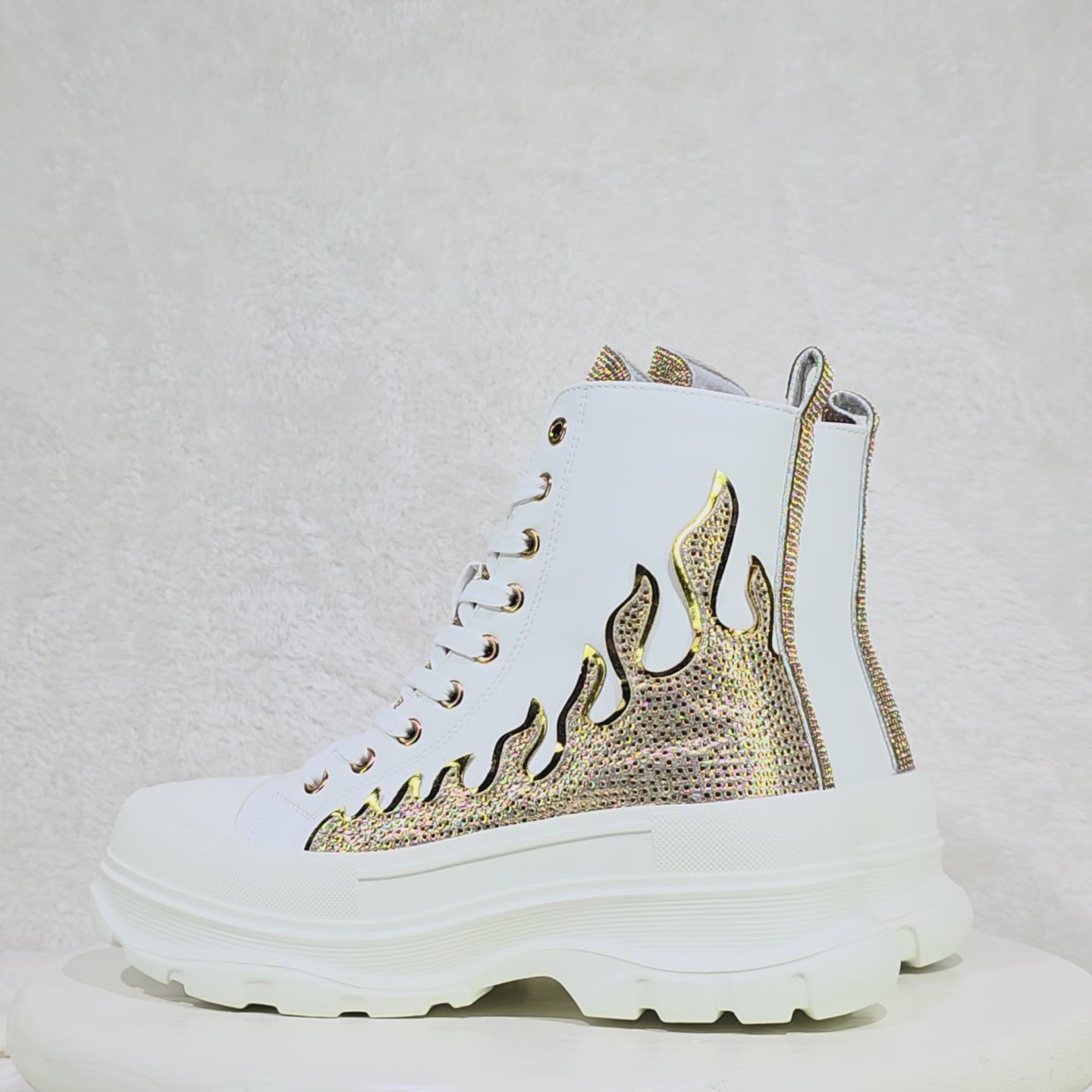 Scorch Combat Sneaker Boots With Rhinestone Flames Details White Gold