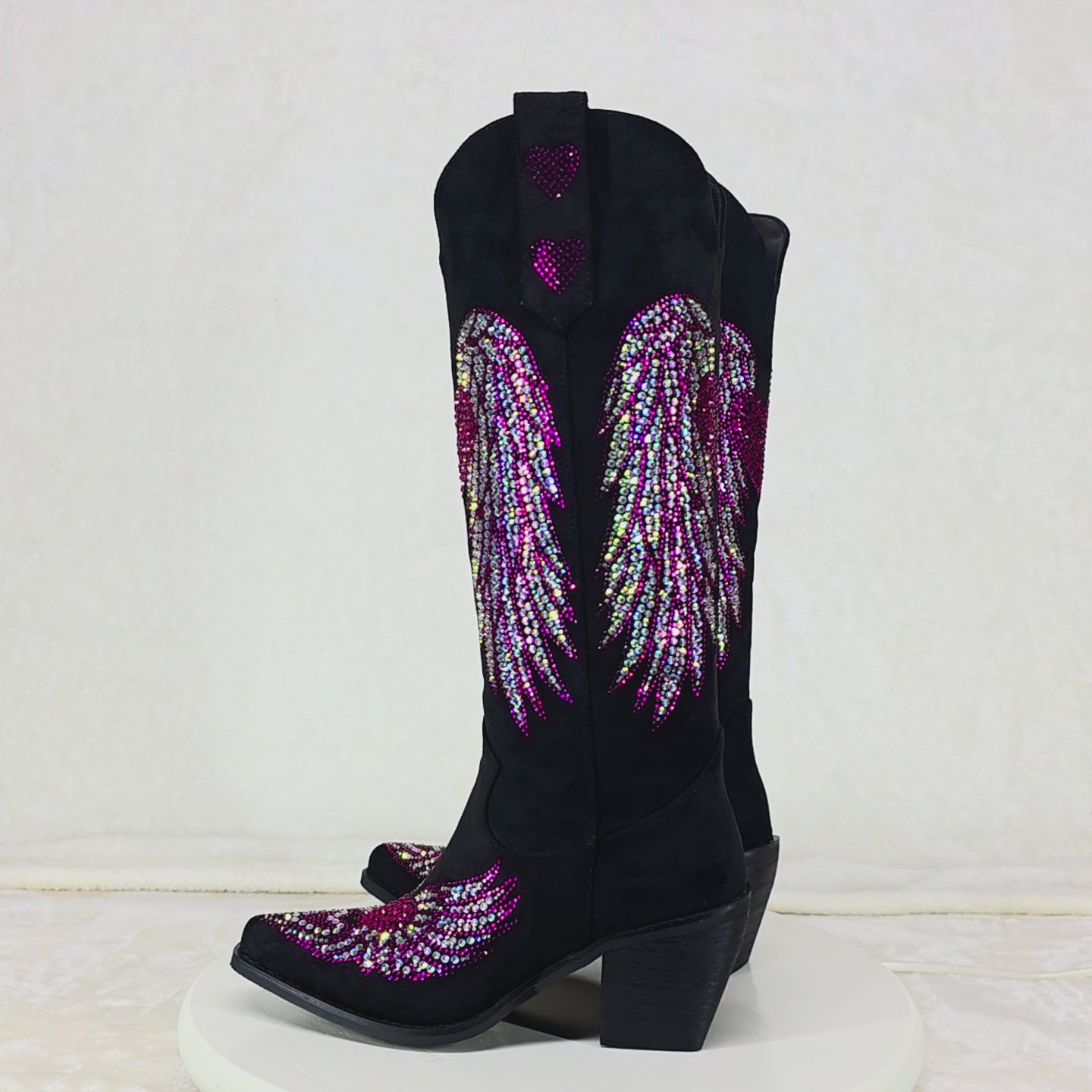Angel  Wings Black Hot Pink Rhinestone Country Western Cowgirl Knee Boots