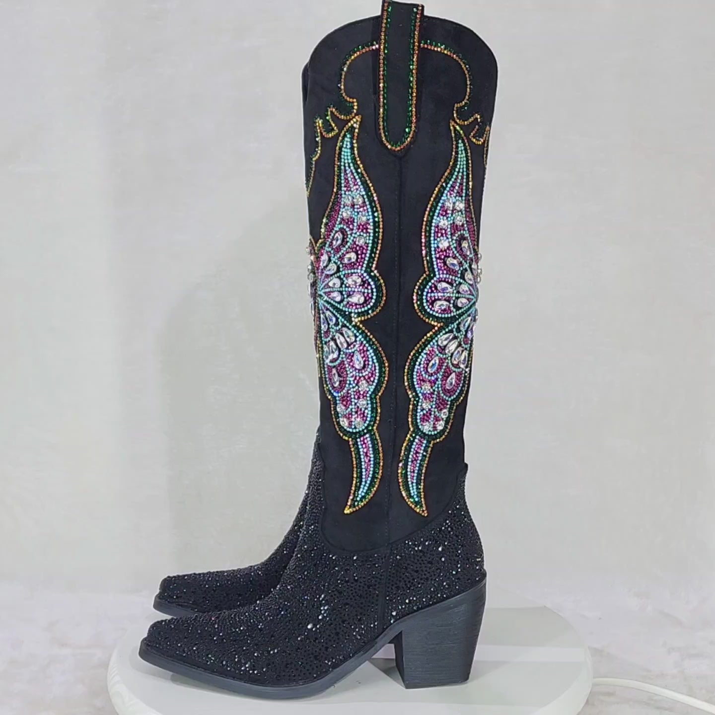 Fantasy Rider Country Western Cowgirl Knee Boots Rhinestones Black Butterfly