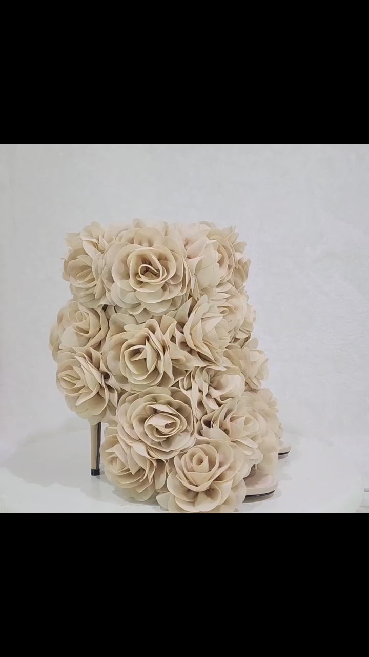 Beauty 3D Flowers Floral 4" High Heel Elegant Evening Party Ankle Boots Nude