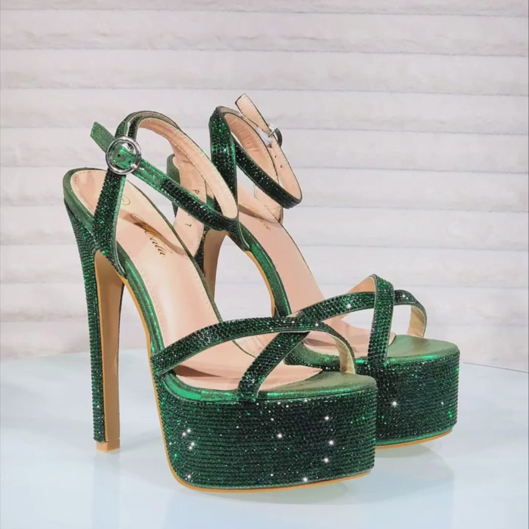 Bejeweled Pioneer Emerald Green Sparkling Rhinestone Platform 6.5" Heels Shoes